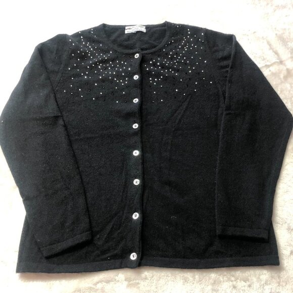 LG Cashmere Black Cardigan With Black & Silver Rhinestones Size M/L - Picture 2 of 10
